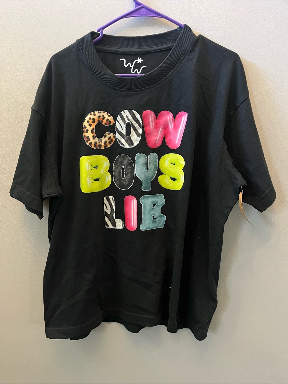 Womens Cowboys lie Graphic Tee - Black with Multicolor Puff Letters